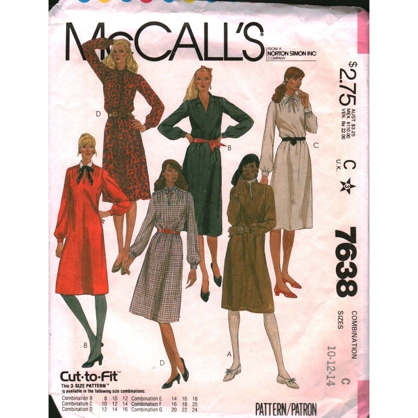 Vintage 1981 McCalls 7638 Sewing Pattern Misses Dress Sizes 10 12 14 Cut-to-Fit Vintage 1981 McCalls 7638 Sewing Pattern Misses Dress Sizes 10 12 14 Cut-to-Fit