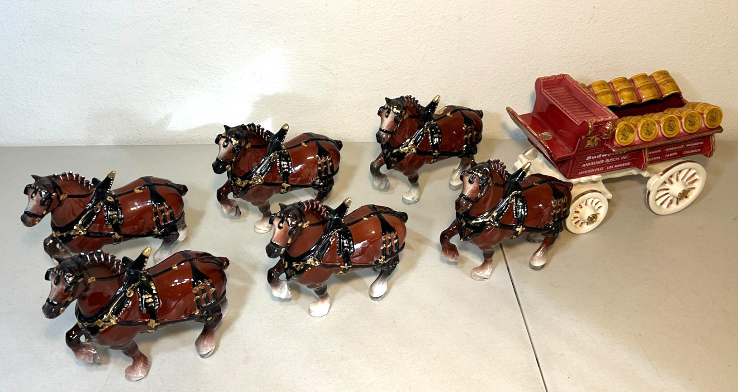 Vintage Poppytrail Metlox Budweiser Clydesdale Horse Team Beer Wagon 7 Pc Vintage Poppytrail Metlox Budweiser Clydesdale Horse Team Beer Wagon 7 Pc