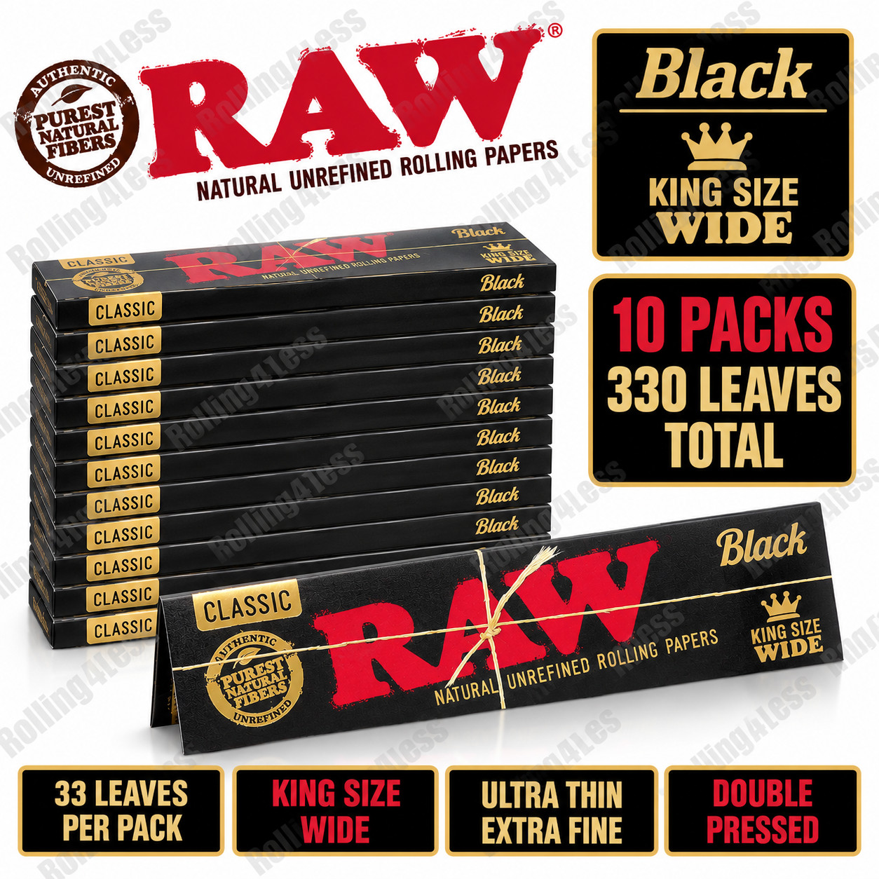 RAW Classic Black King Size Wide Unrefined Rolling Papers | 10 Packs RAW Classic Black King Size Wide Unrefined Rolling Papers | 10 Packs