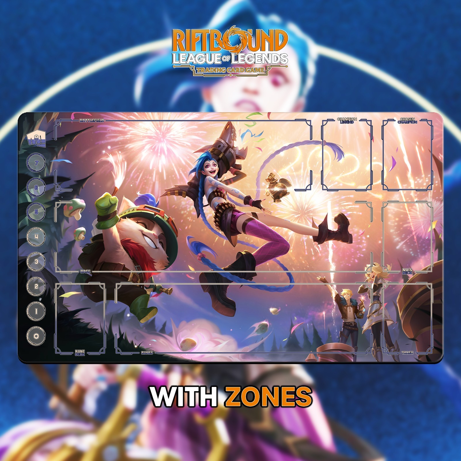 RIFTBOUND LOL TCG Playmat 24x14" (60*35cm) | TEEMO JINX LUX - Stitched EDGES RIFTBOUND LOL TCG Playmat 24x14" (60*35cm) | TEEMO JINX LUX - Stitched EDGES