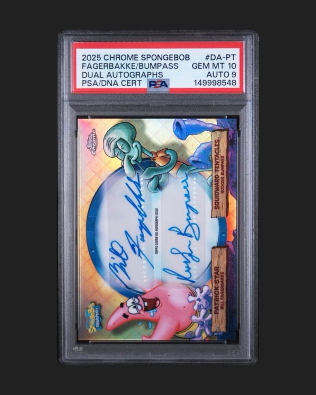 Topps 2025 SpongeBob Chrome DA-PT, Patrick & Squidward Dual VIP Autos PSA 10