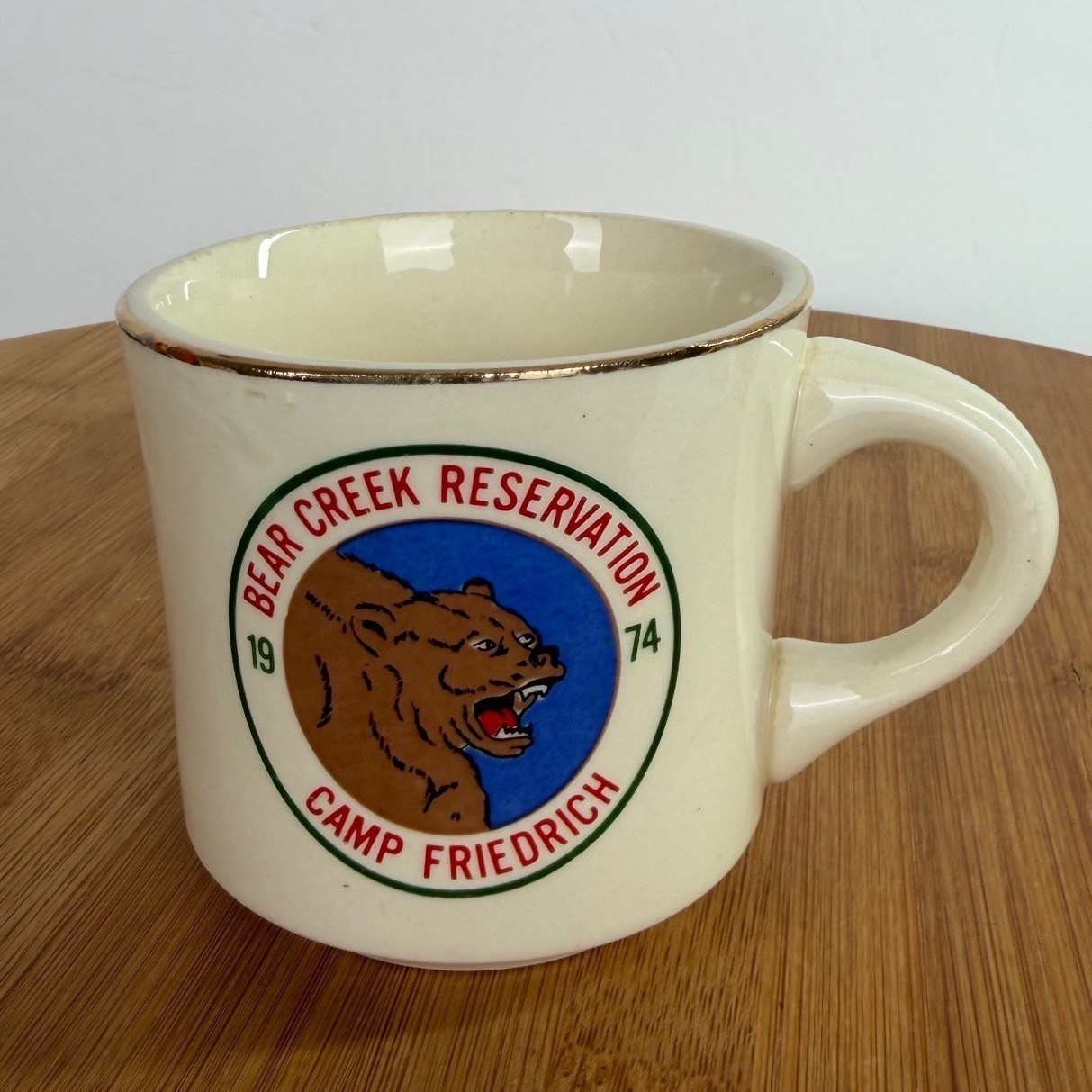 Vintage 1974 Bear Creek Reservation Camp Friedrich Mug USA Ceramic Gold Rim 70s Vintage 1974 Bear Creek Reservation Camp Friedrich Mug USA Ceramic Gold Rim 70s