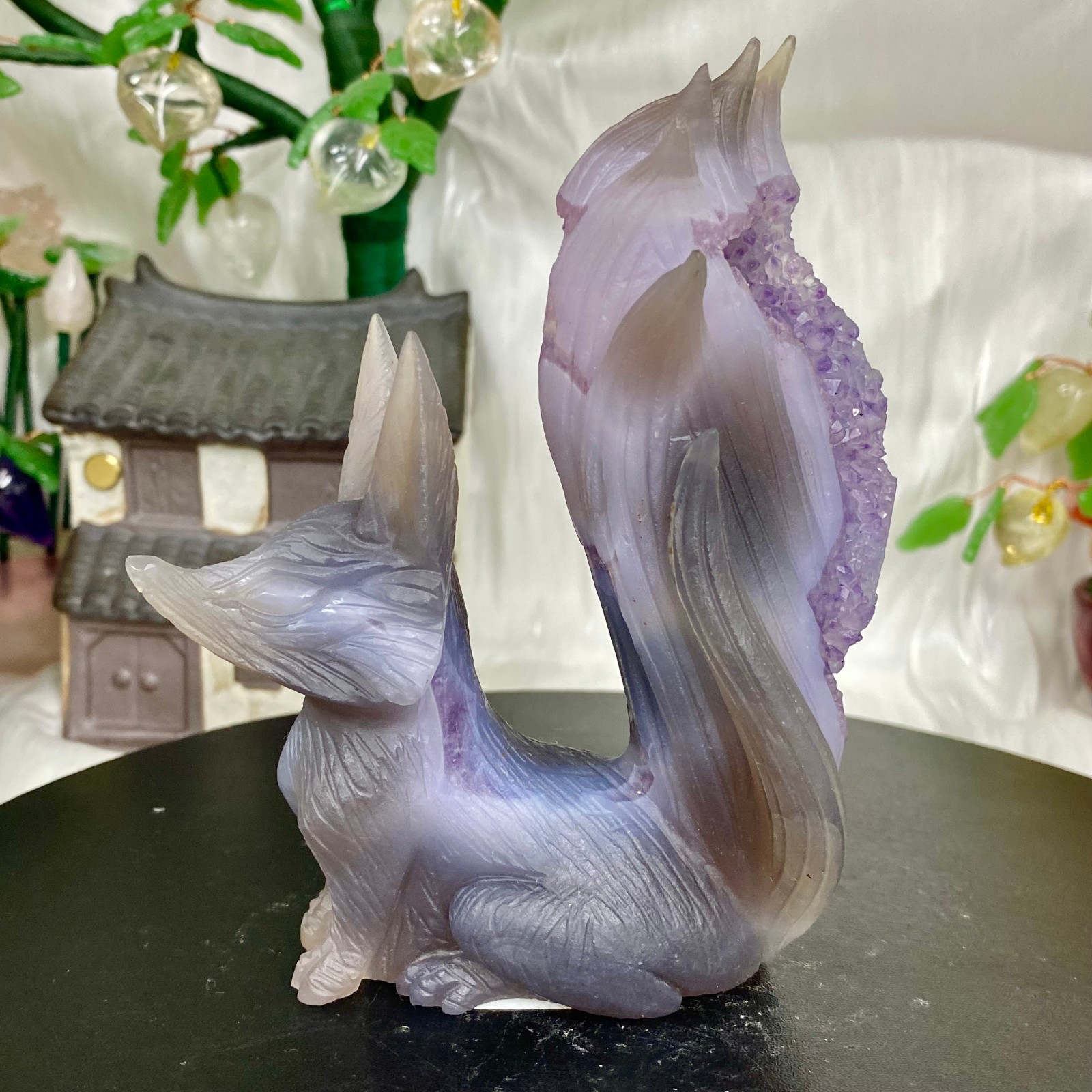 455G Natural Amethyst Geode Hand Carved Nine-tailed Fox Quartz Crystal Decor 455G Natural Amethyst Geode Hand Carved Nine-tailed Fox Quartz Crystal Decor