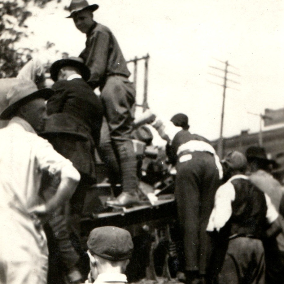 c1910s WWI US Soldier Campaign Hat Crowd Snapshot Photo Military Machinery Vtg c1910s WWI US Soldier Campaign Hat Crowd Snapshot Photo Military Machinery Vtg
