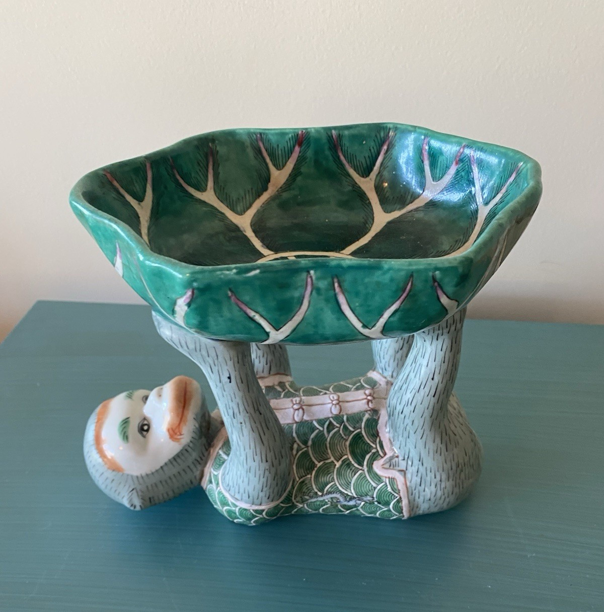 VTG Chinoiserie Porcelain Ceramic Monkey Holding Lotus Flower Trinket Soap Bowl VTG Chinoiserie Porcelain Ceramic Monkey Holding Lotus Flower Trinket Soap Bowl