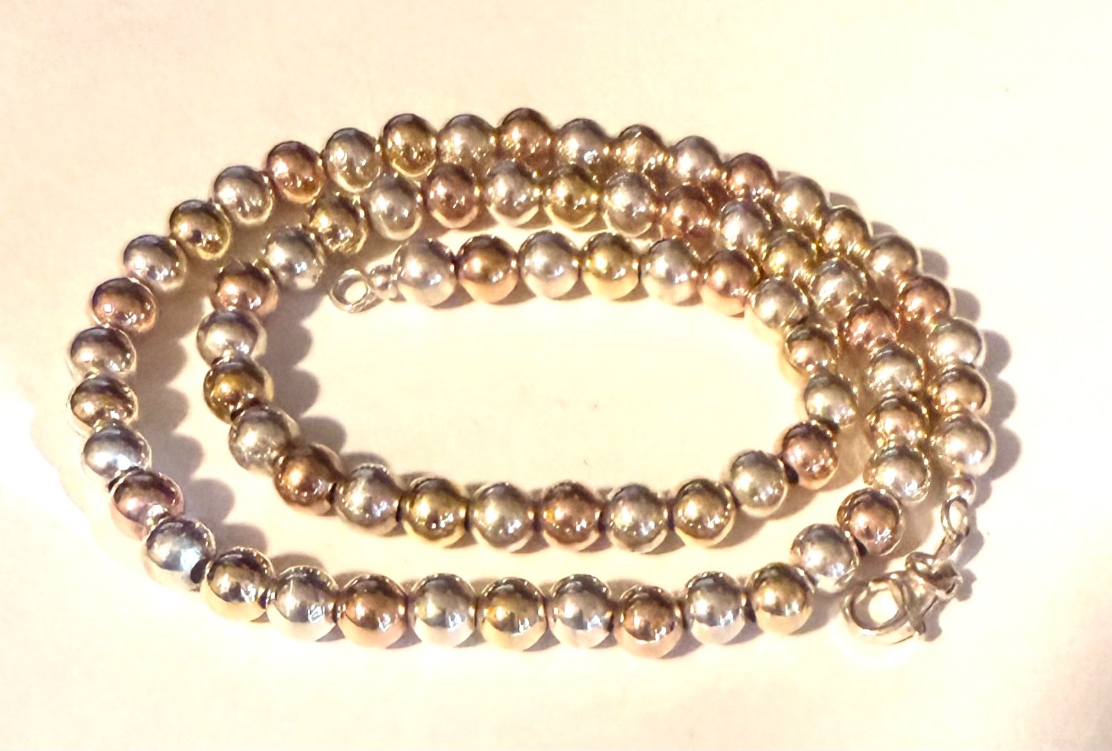 ITALY SXI BEADED 925 STERLING SILVER TRI-COLOR HOLLOW CHOCKER NECKLACE CHAIN 17" ITALY SXI BEADED 925 STERLING SILVER TRI-COLOR HOLLOW CHOCKER NECKLACE CHAIN 17"