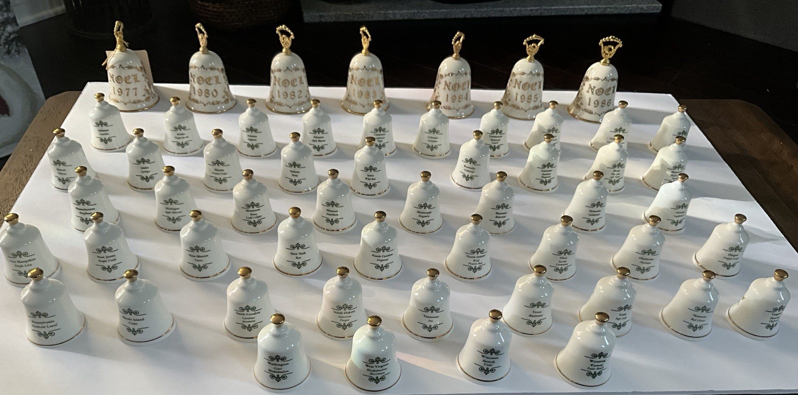 Danbury Mint State Flower Bone China Bell Lot of 49 & 7 Currier & Ives By Gorham Danbury Mint State Flower Bone China Bell Lot of 49 & 7 Currier & Ives By Gorham
