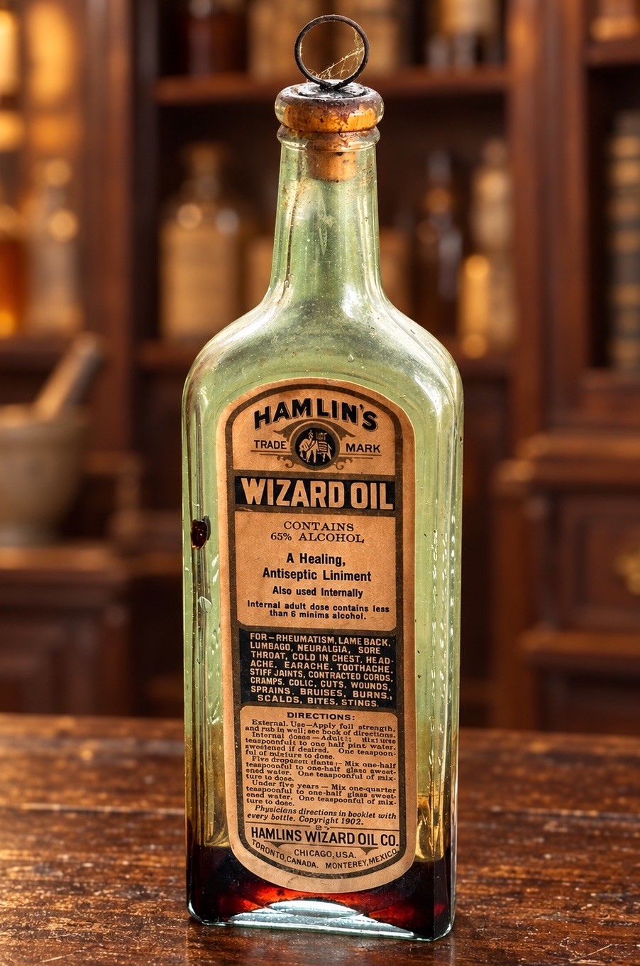 ANTIQUE HAMLIN’S WIZARD OIL PAPER LABEL MEDICINE BOTTLE W/ CONTENTS CORK 1890s ANTIQUE HAMLIN’S WIZARD OIL PAPER LABEL MEDICINE BOTTLE W/ CONTENTS CORK 1890s