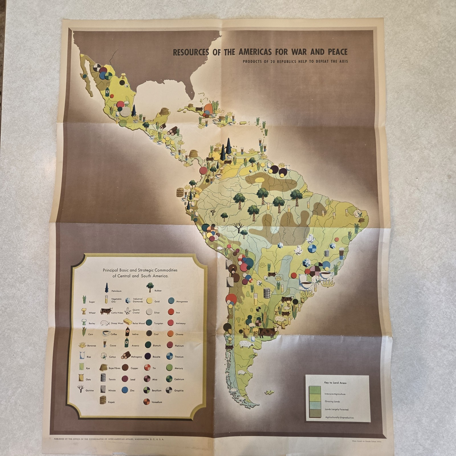 Original 1942 WWII Pictorial Propaganda Map Resources of the Americas CIAA Original 1942 WWII Pictorial Propaganda Map Resources of the Americas CIAA