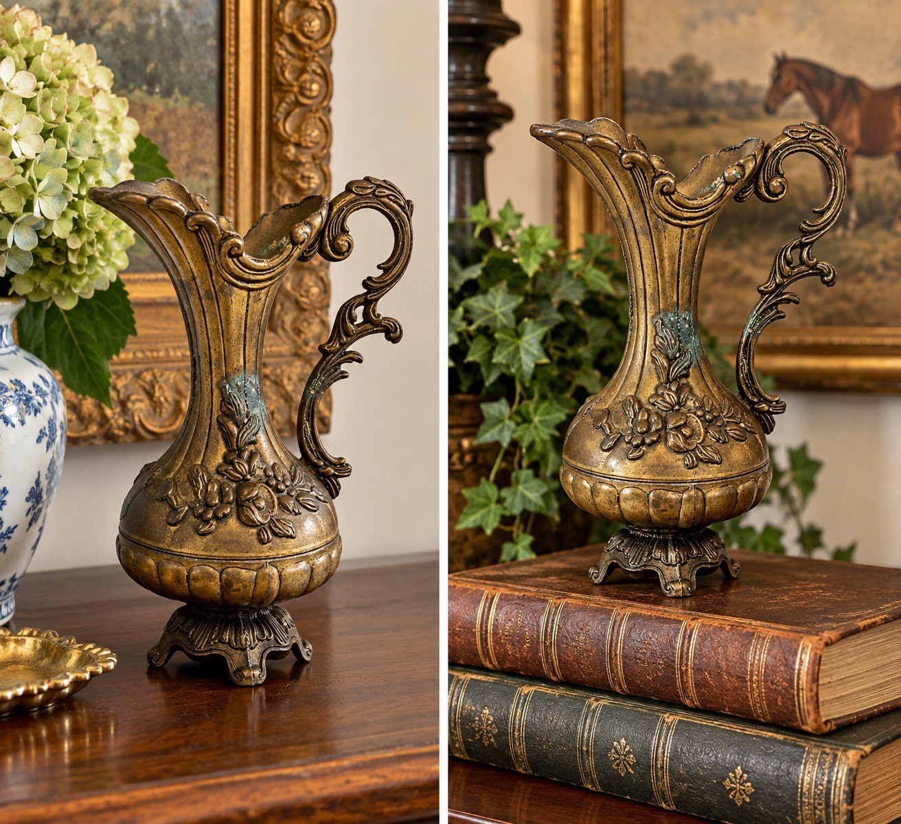 Vtg Italian Brass Ewer Pitcher Vase Ornate Rococo Floral Footed Made in Italy Vtg Italian Brass Ewer Pitcher Vase Ornate Rococo Floral Footed Made in Italy