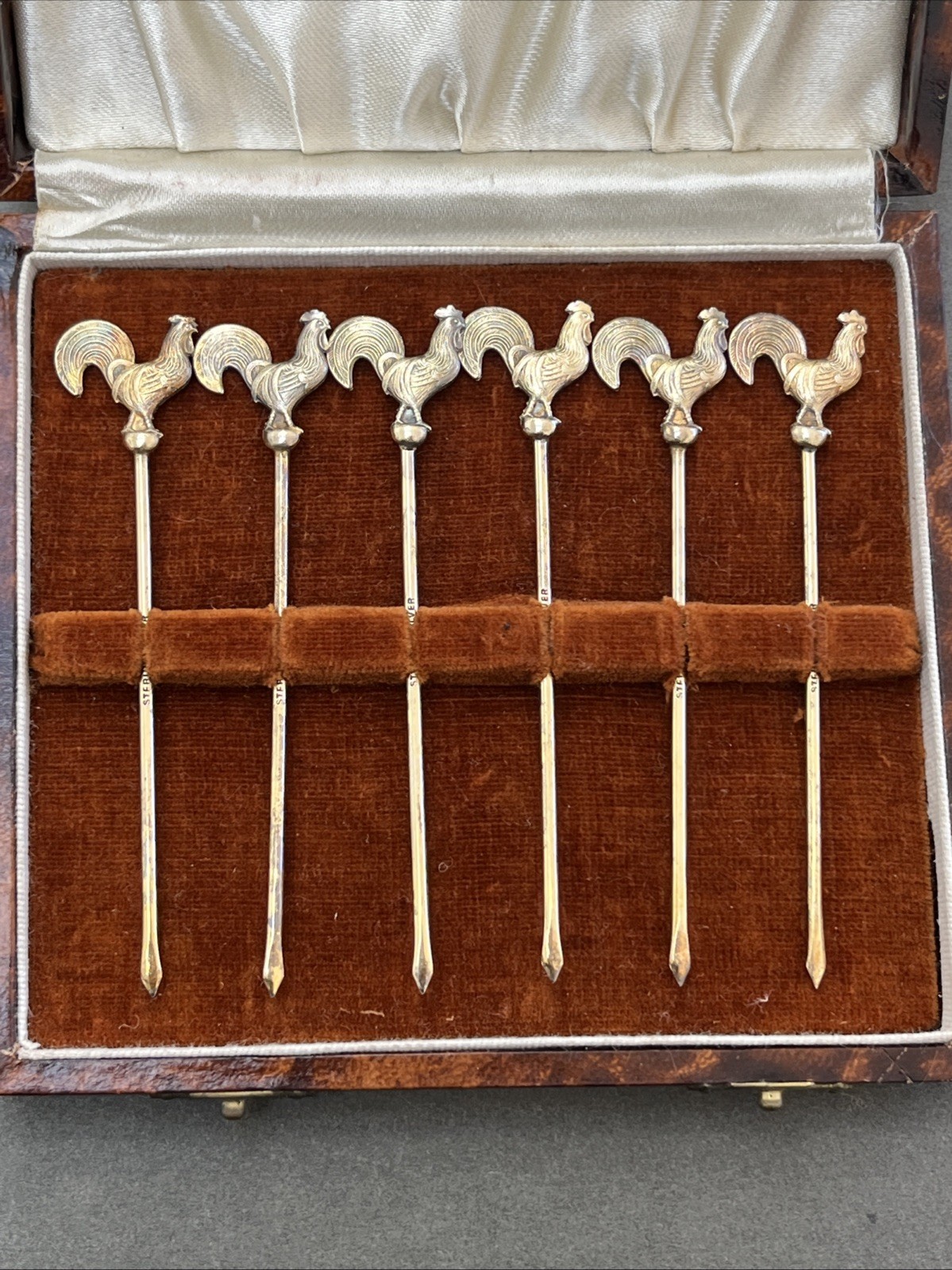 Vintage Gold Plated Silver Rooster Cocktail Sticks In Box Vintage Gold Plated Silver Rooster Cocktail Sticks In Box