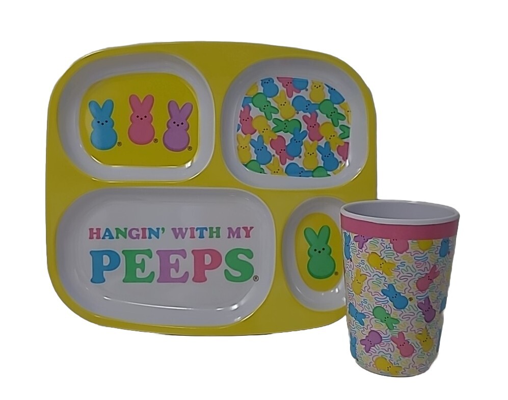 Hanging with My Peeps Themed Divided Melamine Plate And Cup Easter Basket Kids