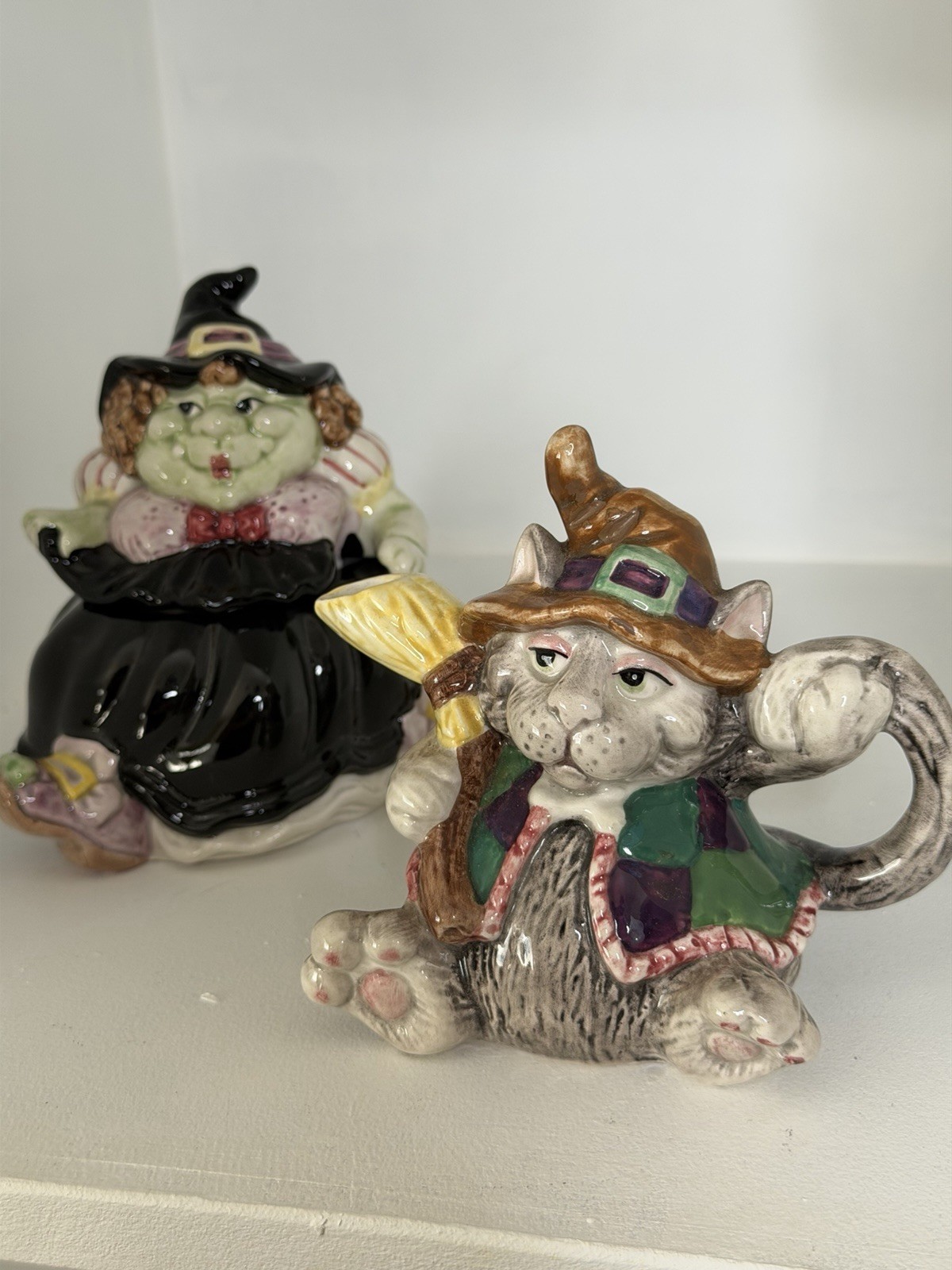 Vintage 1992 Fitz & Floyd Halloween Witch Cat Creamer & Witch Jar Sri Lanka