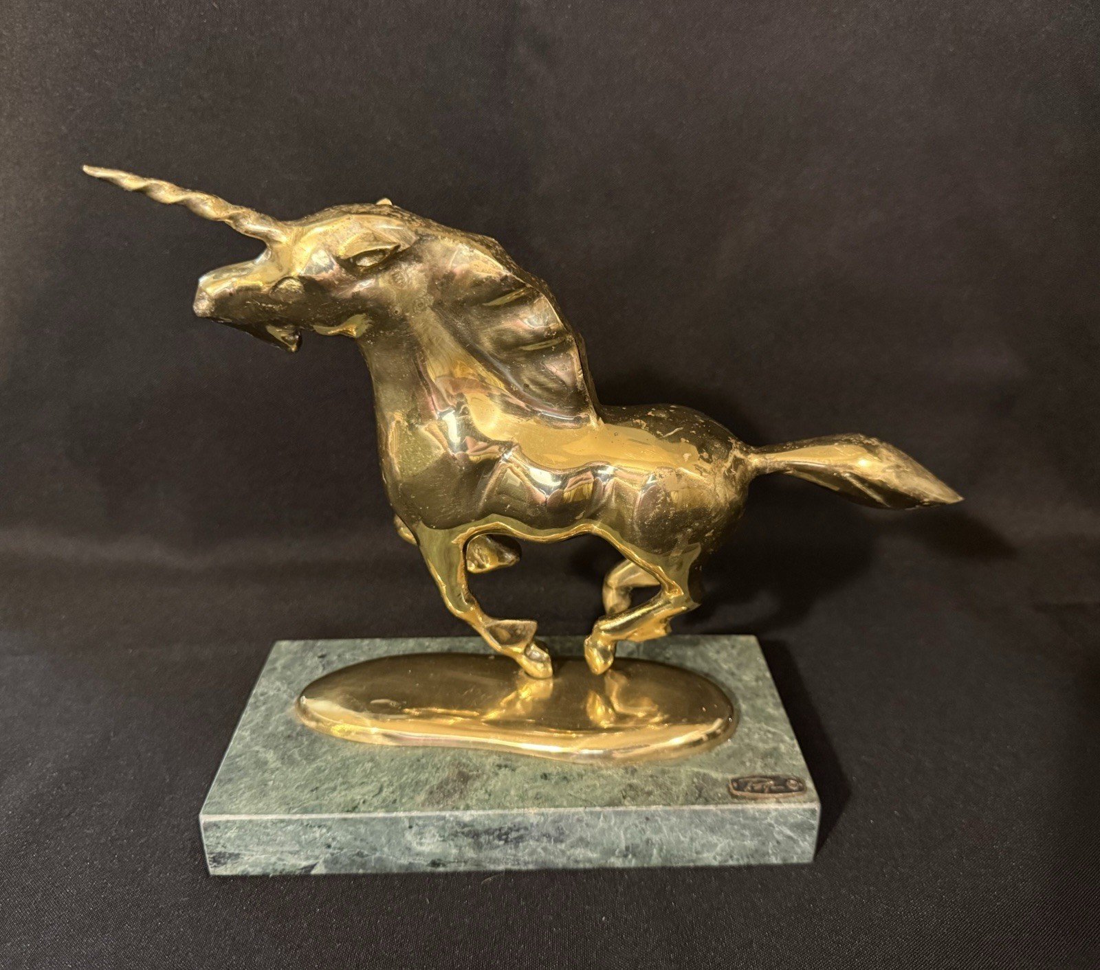 BIJAN 1980’s Unicorn bronze on green marble base sculpture w/ Signed Plaque BIJAN 1980’s Unicorn bronze on green marble base sculpture w/ Signed Plaque
