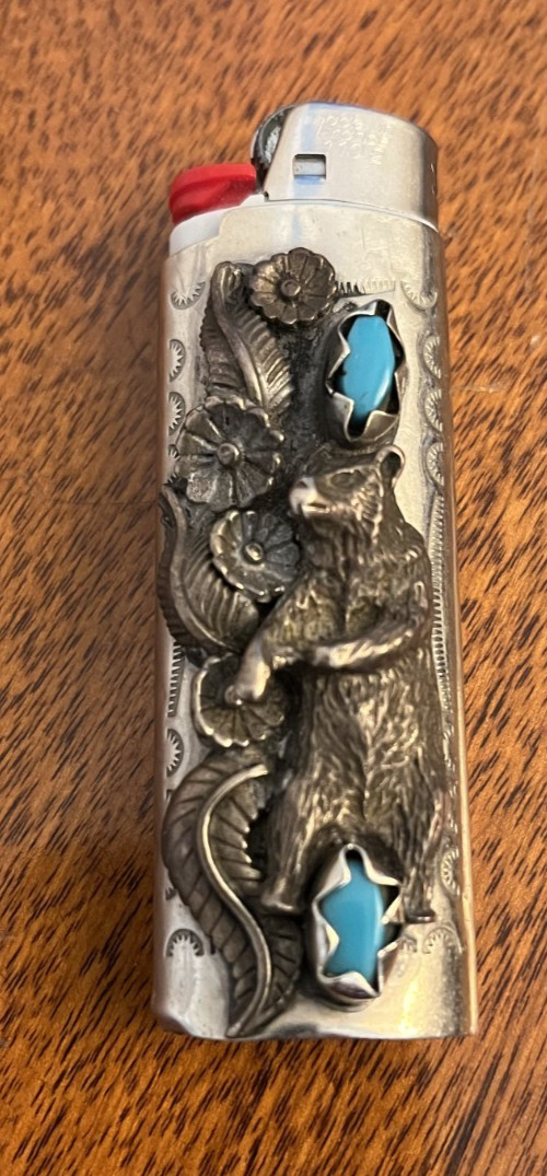 Vintage Sterling SILVER Turquoise With Bear Motif BIC Lighter Case Cover Nice Vintage Sterling SILVER Turquoise With Bear Motif BIC Lighter Case Cover Nice