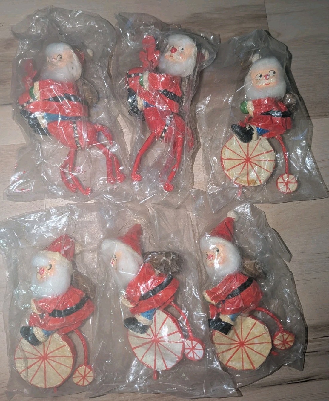 VTG 60s Christmas Ornaments Paper Mache Santa Claus Riding Reindeer & Tricycle VTG 60s Christmas Ornaments Paper Mache Santa Claus Riding Reindeer & Tricycle