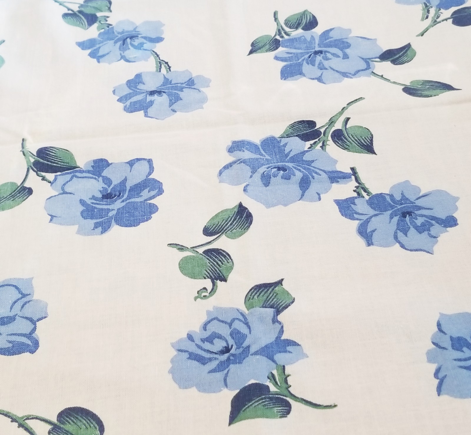 Antique Feedsack, 44"×36" Opened, Large Blue Roses, White Background, No Flaws