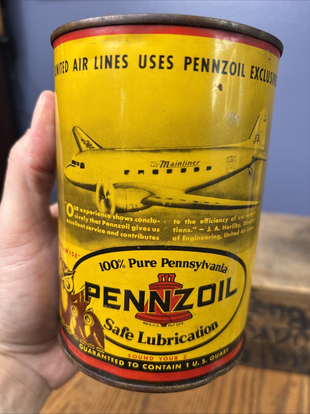Vintage Original Pennzoil Owl Airliner Airplane Full Quart Motor Oil Can Graphic Vintage Original Pennzoil Owl Airliner Airplane Full Quart Motor Oil Can Graphic