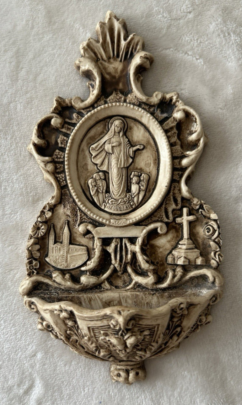 Vintage Our Lady Of Lourdes Holy Water Font Wall Plaque Virgin Mary Catholic 8"