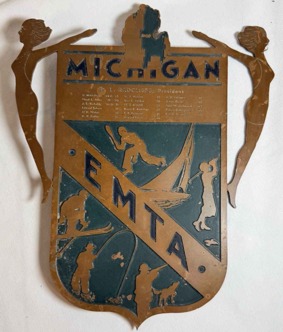 1940s Michigan EMTA Sports Copper or Bronze 10" x 12" Plaque Seal P.L. Radcliffe 1940s Michigan EMTA Sports Copper or Bronze 10" x 12" Plaque Seal P.L. Radcliffe