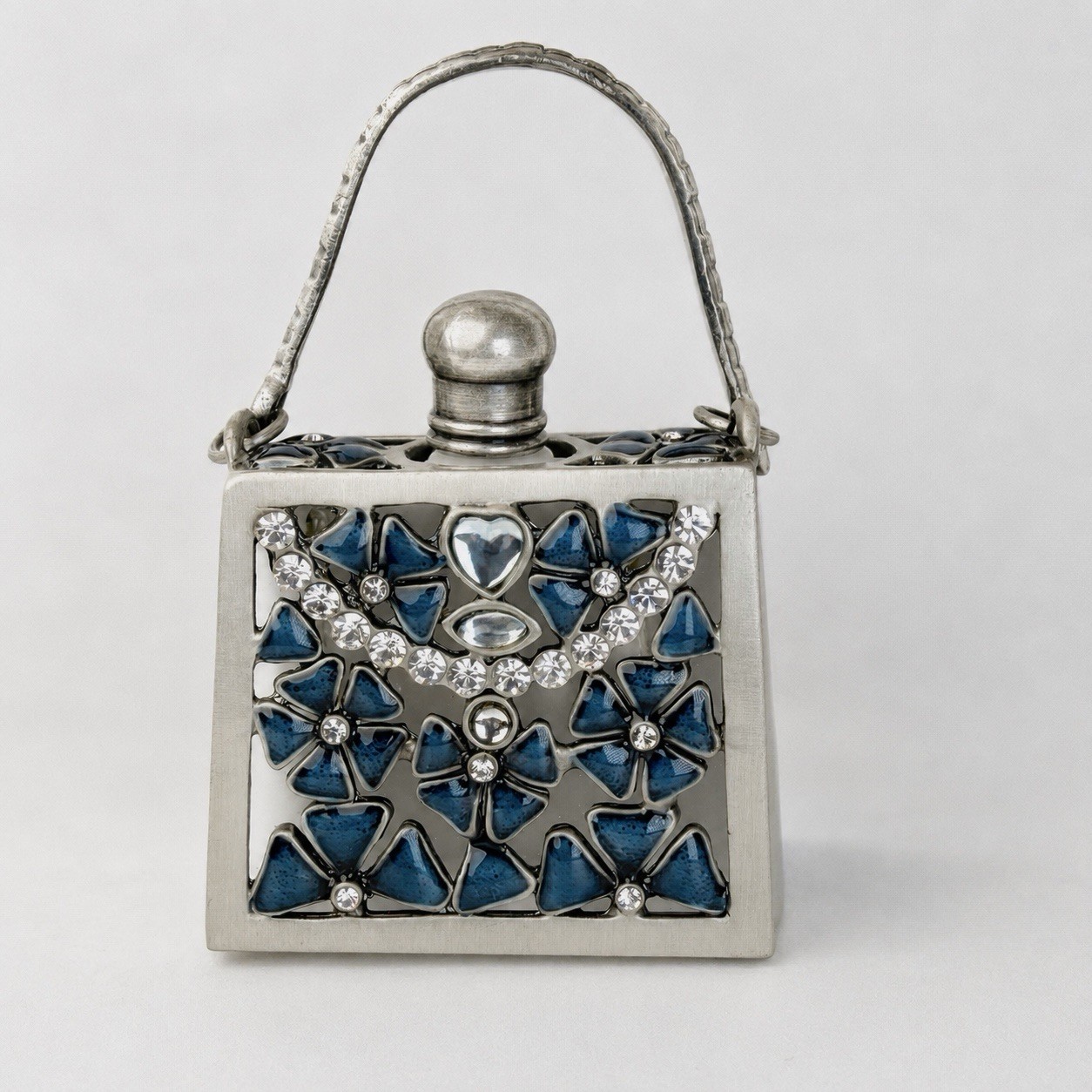 NOS Vintage Purse Perfume Decanter Pewter Blue Floral Rhinestone w Box NOS Vintage Purse Perfume Decanter Pewter Blue Floral Rhinestone w Box