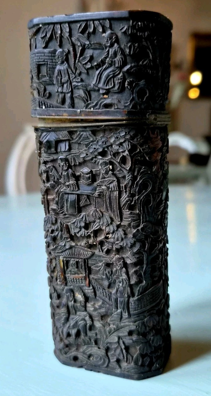 Rare handcarved Chinese Tortoise shell case & cover, 19th century, Qing Dynastie Rare handcarved Chinese Tortoise shell case & cover, 19th century, Qing Dynastie