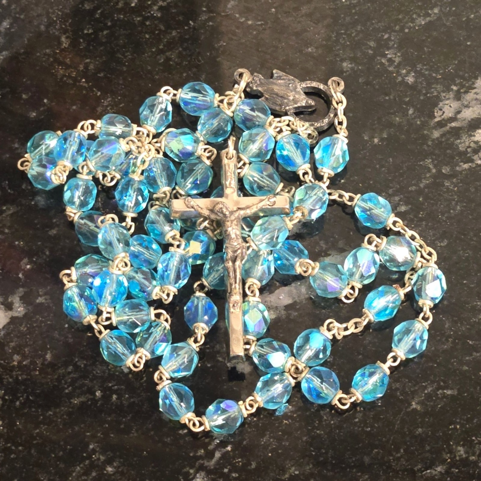 Vintage Catholic Rosary AB Blue Bohemian Glass Fire Polished Crucifix Italian Vintage Catholic Rosary AB Blue Bohemian Glass Fire Polished Crucifix Italian