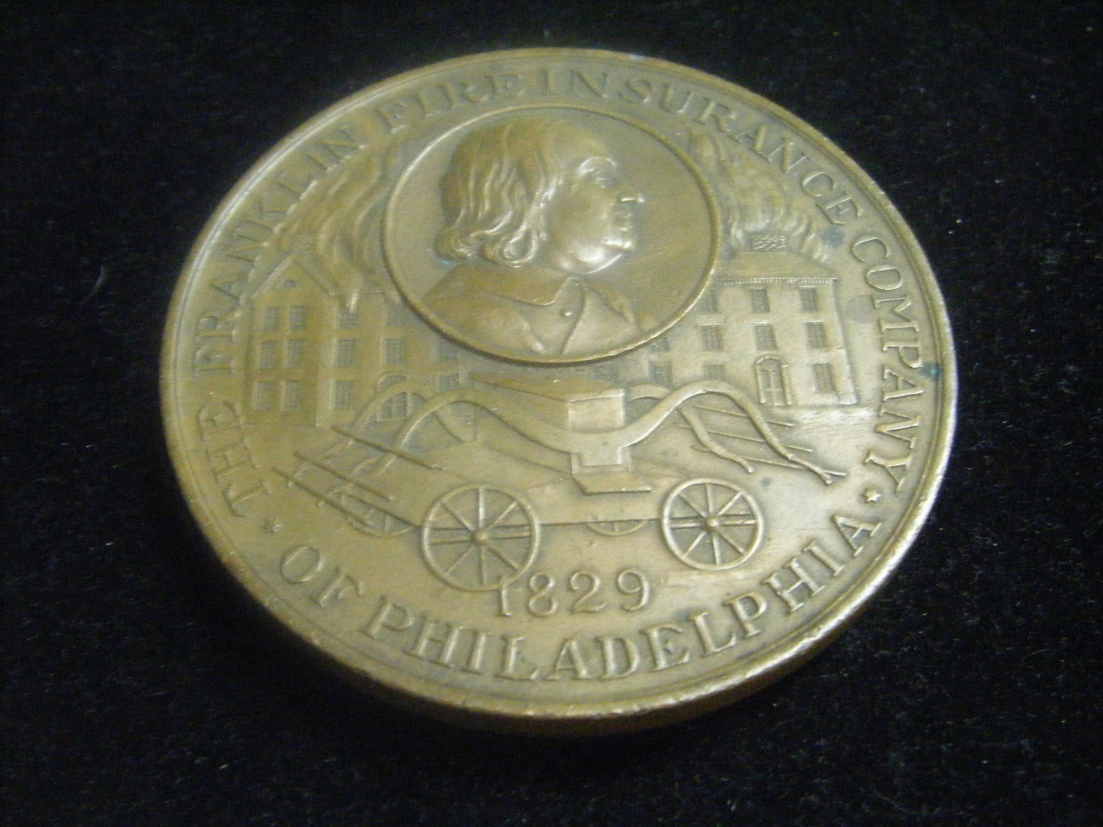 Antique Franklin Fire Insurance Company 90th Anniversary Bronze Medalion 1919 Antique Franklin Fire Insurance Company 90th Anniversary Bronze Medalion 1919