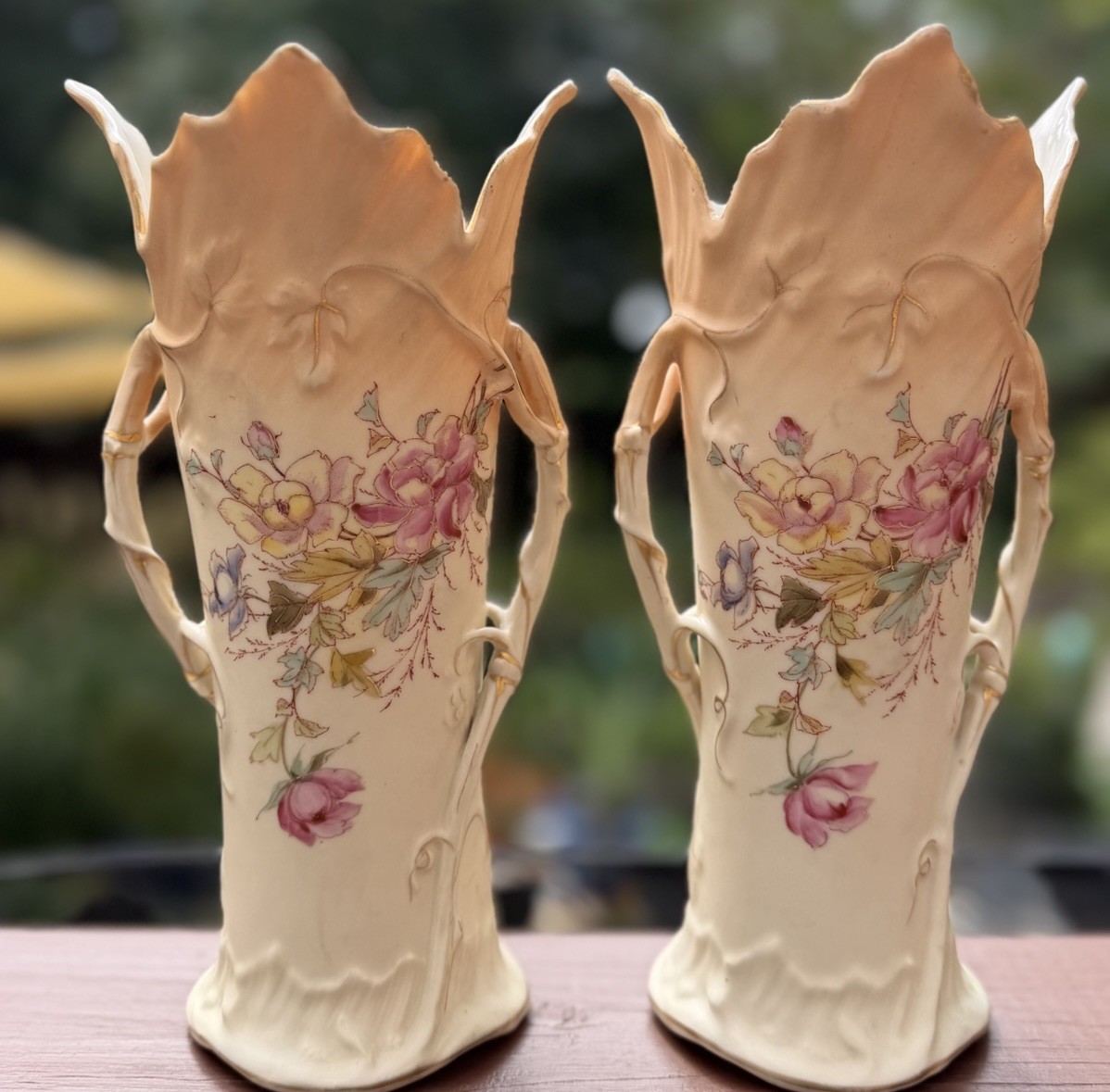Pair Royal Wettina Austria Robert Hanke Style Bohemian Art Nouveau Vases Vine 9” Pair Royal Wettina Austria Robert Hanke Style Bohemian Art Nouveau Vases Vine 9”