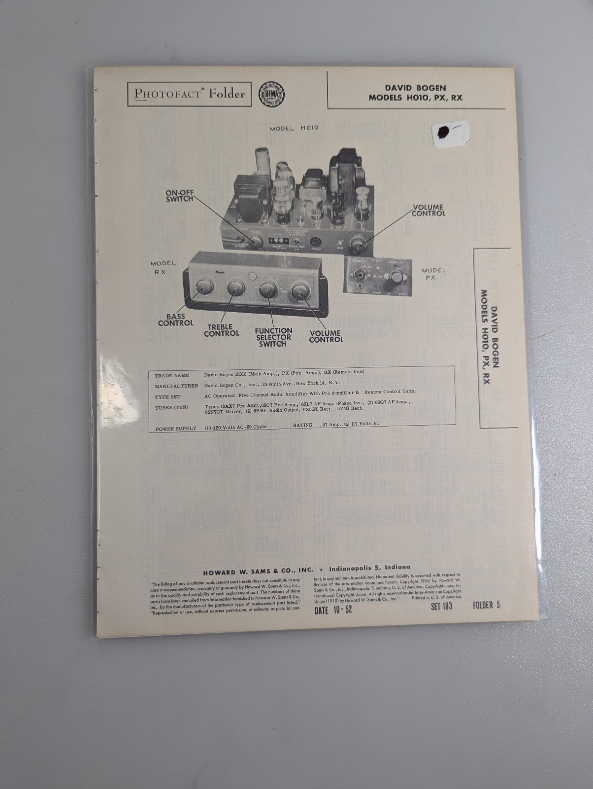 1952 David Bogen Amp H010 PX RX Service Wire Schematic Repair Manual Vintage