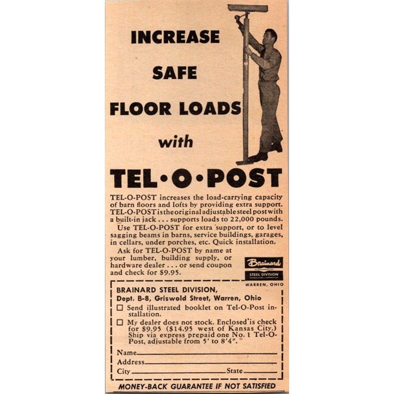 Brainard Steel Division Tel-O-Post Safe Floor Loads Warren OH 1952 Ad SAJ1-4