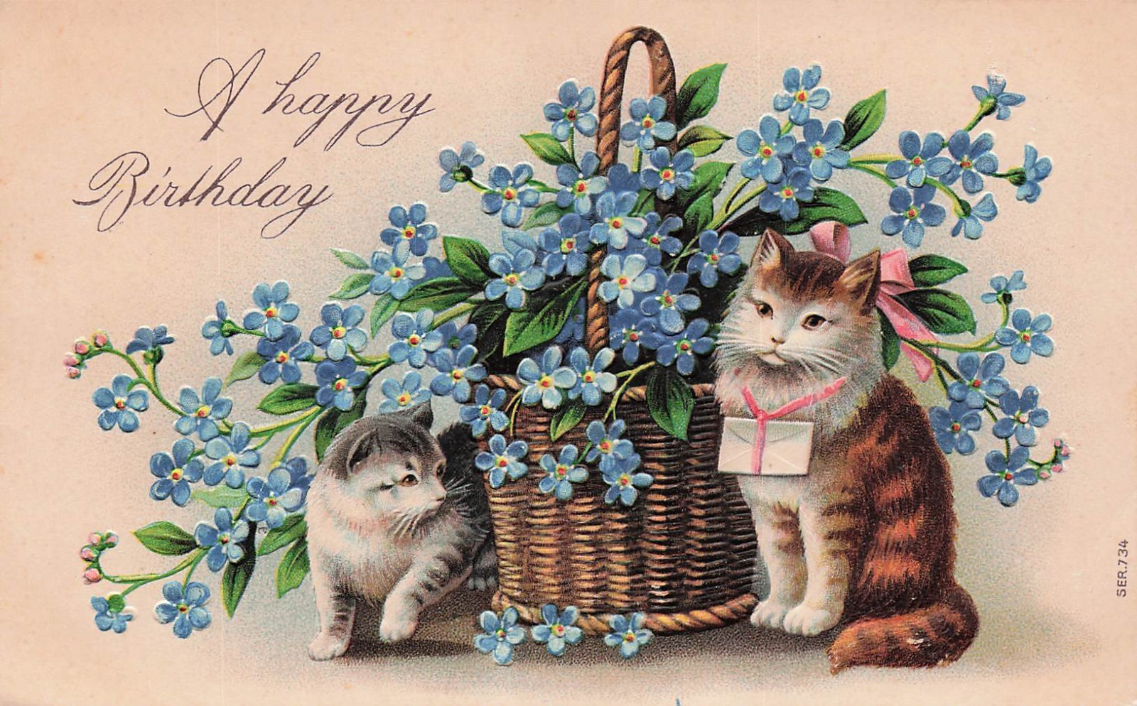 Victorian Birthday Card Blue Flowers Cats Kitten Letter Ribbon Vtg Postcard J14 Victorian Birthday Card Blue Flowers Cats Kitten Letter Ribbon Vtg Postcard J14