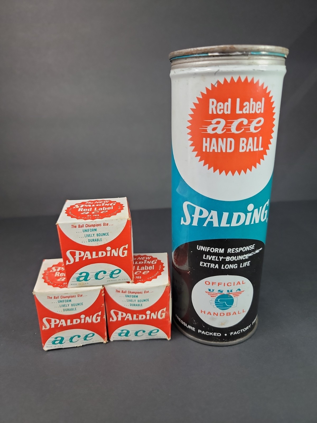 Vintage 1960's Spaulding Red Label ACE Hand Ball Steel Can New (4 Balls) Vintage 1960's Spaulding Red Label ACE Hand Ball Steel Can New (4 Balls)