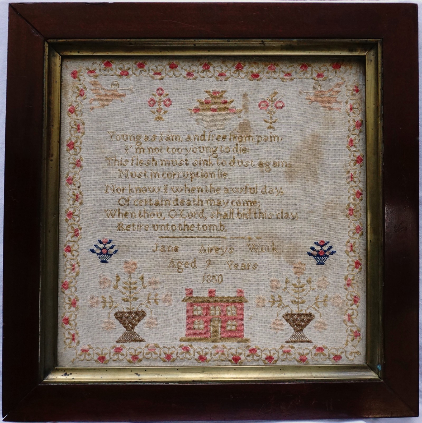 MID 19TH CENTURY RED HOUSE, MOTIF & VERSE SAMPLER BY JANE AIREY AGED 9 - 1850 MID 19TH CENTURY RED HOUSE, MOTIF & VERSE SAMPLER BY JANE AIREY AGED 9 - 1850