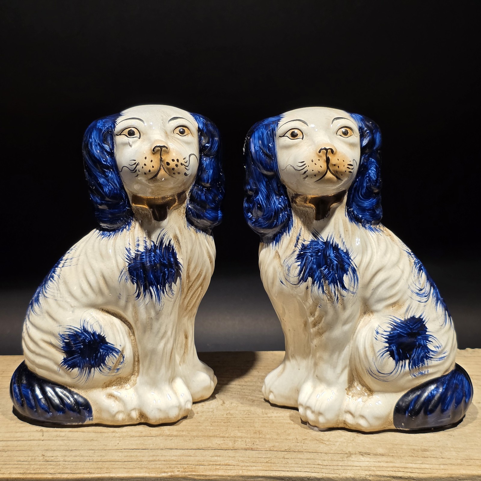 8" Antique Vintage Style Blue Staffordshire Spaniel Dog Figurine Pair