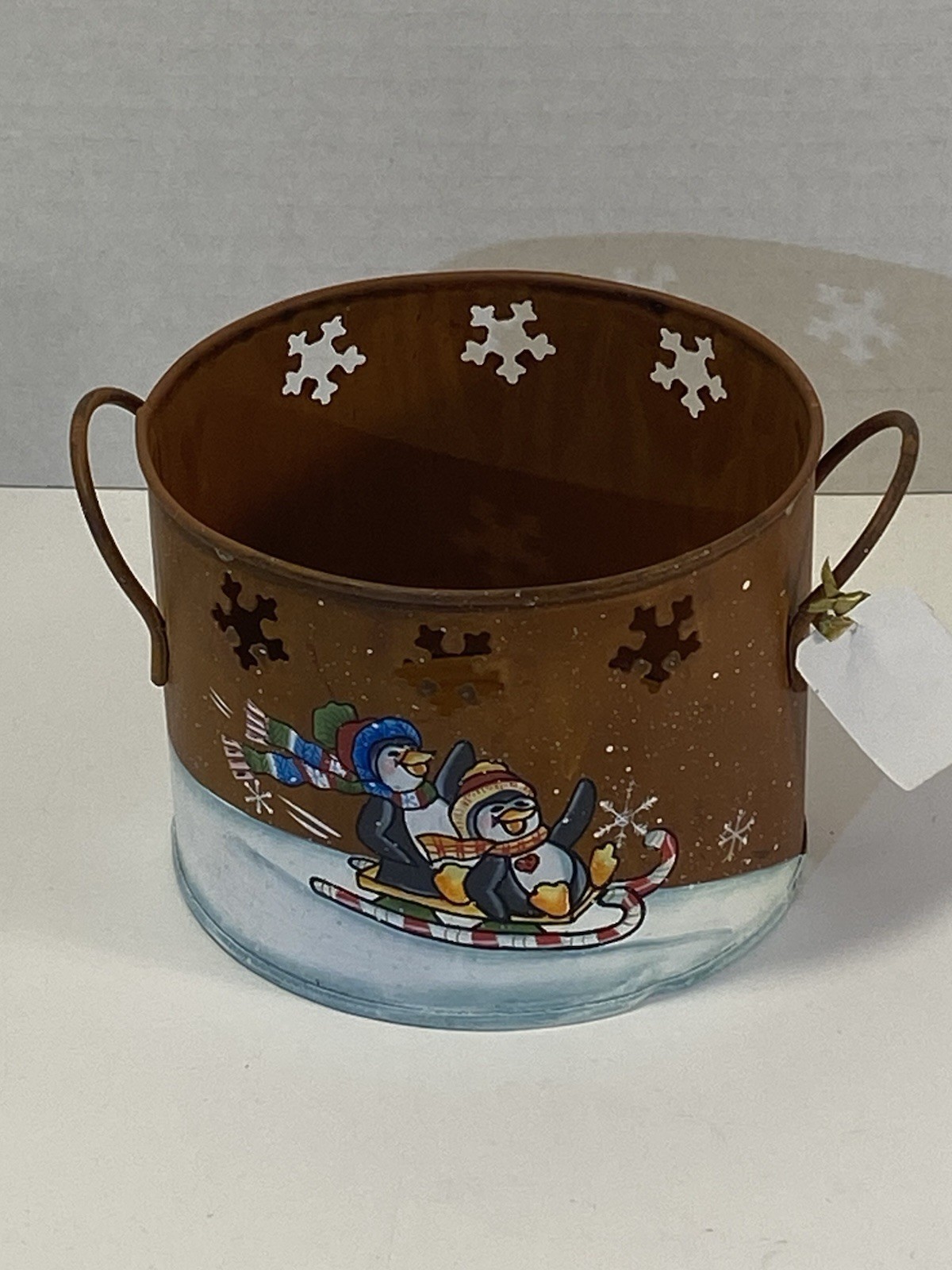 Vtg 90s Rustic metal holiday bucket Hand painted winter penguins. Nos Unused Vtg 90s Rustic metal holiday bucket Hand painted winter penguins. Nos Unused