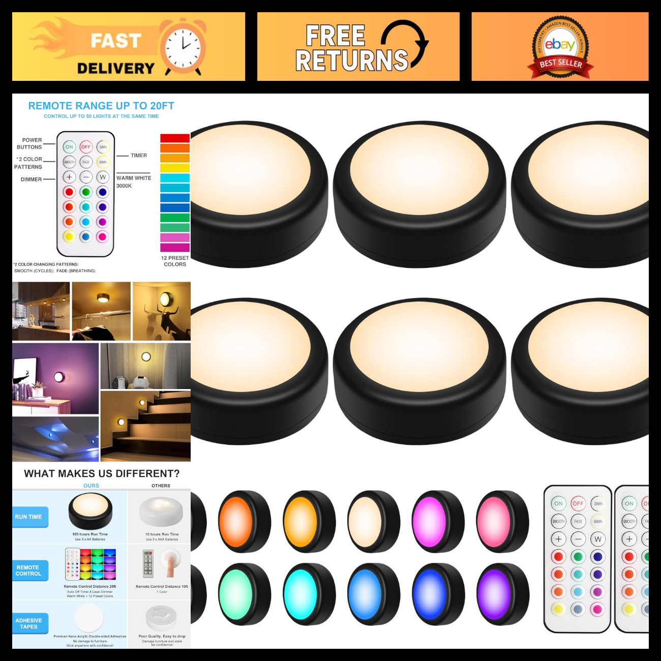 BLS LED Puck Lights with Remote Control, Wireless Under Cabinet & Closet Lightin