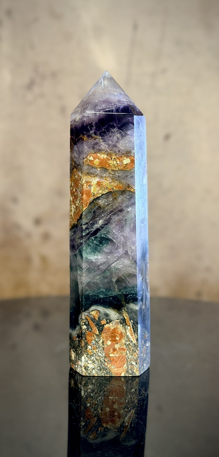 Purple & Green Fluorite Root Tower — UV Reactive, Natural Matrix Base Purple & Green Fluorite Root Tower — UV Reactive, Natural Matrix Base