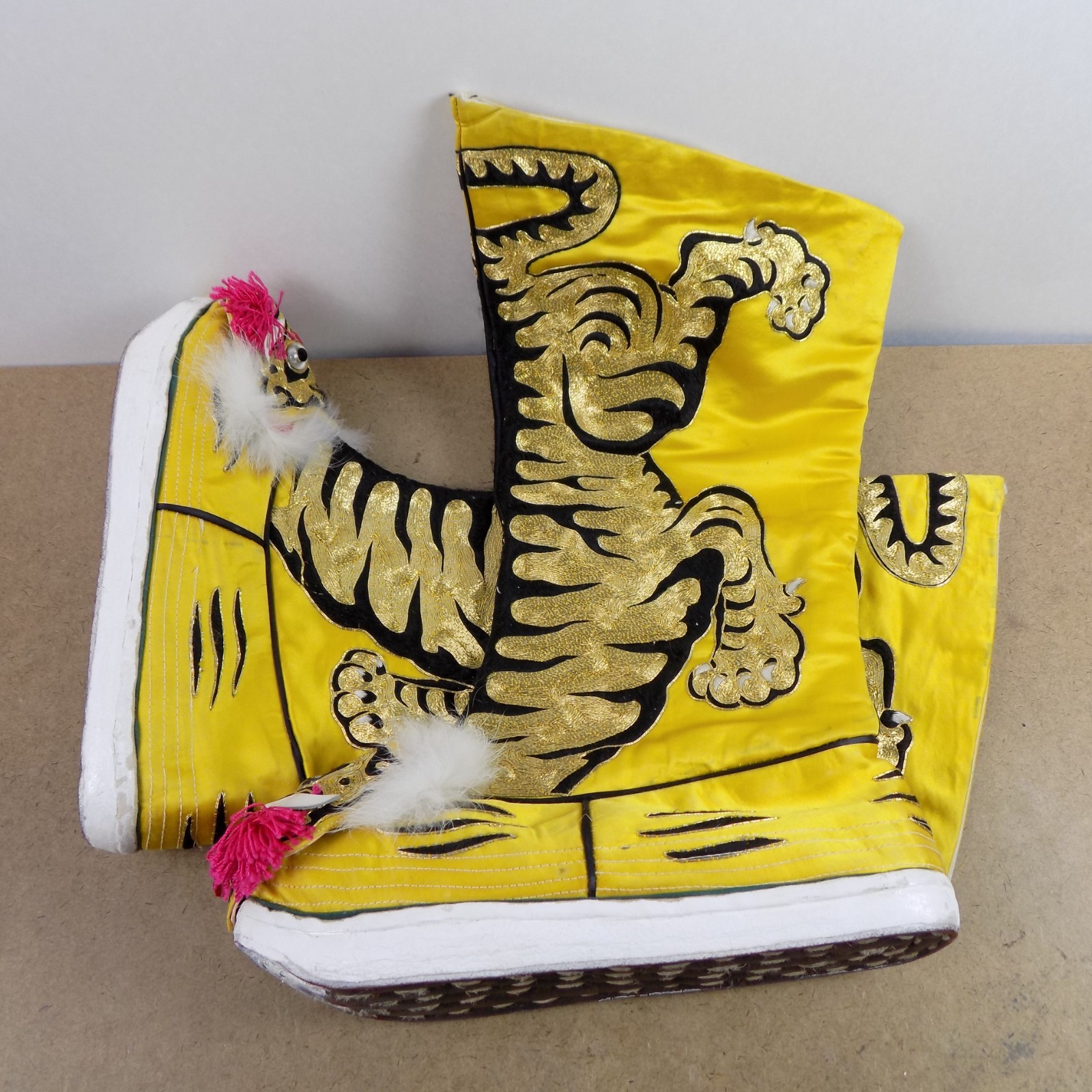 Pair of Vintage Chinese Opera Theater Tiger Shoes Boots 10.5" x 3.25" x 16" VGC