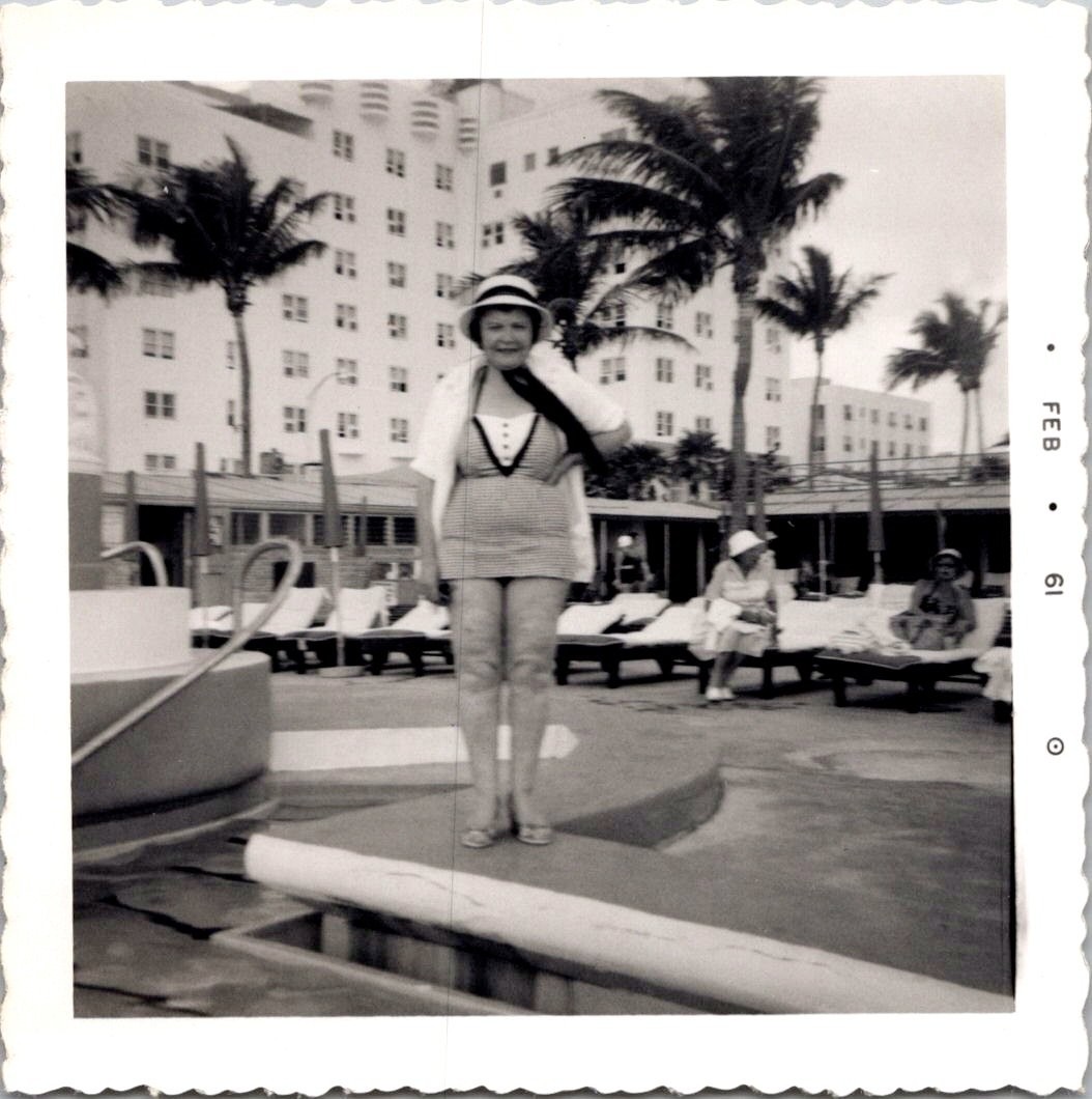 Vintage 1961 Photo Woman Swimsuit Miami Beach Florida Poolside Hotel Palm Trees Vintage 1961 Photo Woman Swimsuit Miami Beach Florida Poolside Hotel Palm Trees