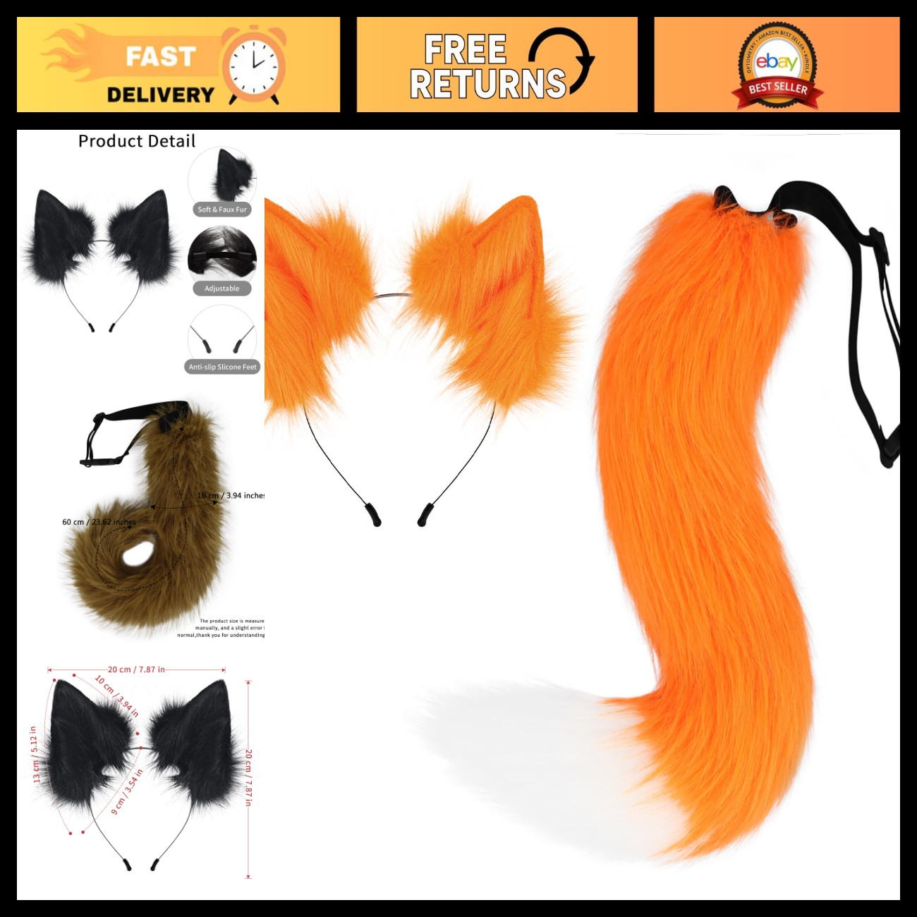HAOAN Faux Fur Cat Fox Wolf Furry Tail and Ears Headband for Halloween Party Cos HAOAN Faux Fur Cat Fox Wolf Furry Tail and Ears Headband for Halloween Party Cos