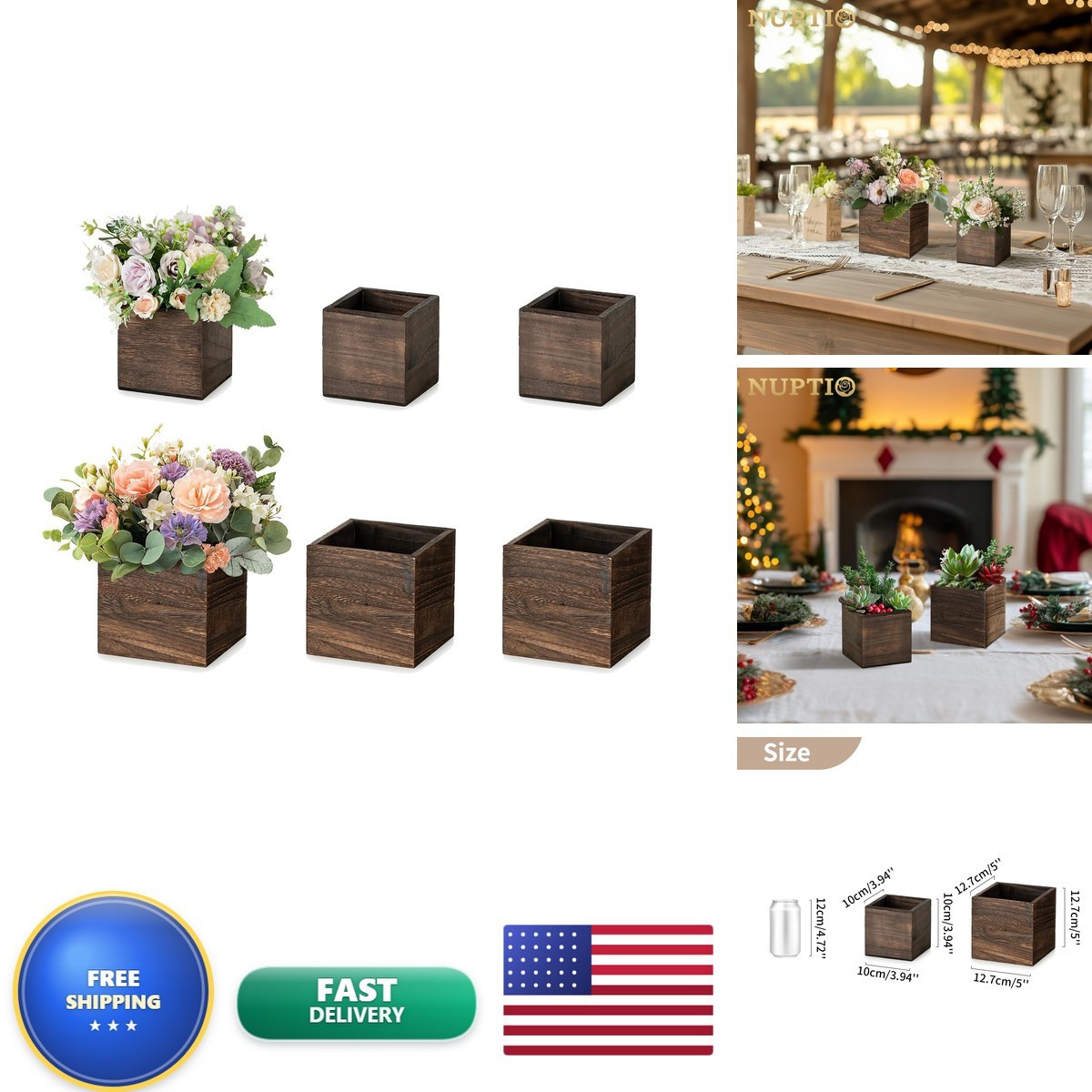 NUPTIO Small Wooden Box Centerpiece Brown Square 4"/5" 6 Pcs NUPTIO Small Wooden Box Centerpiece Brown Square 4"/5" 6 Pcs