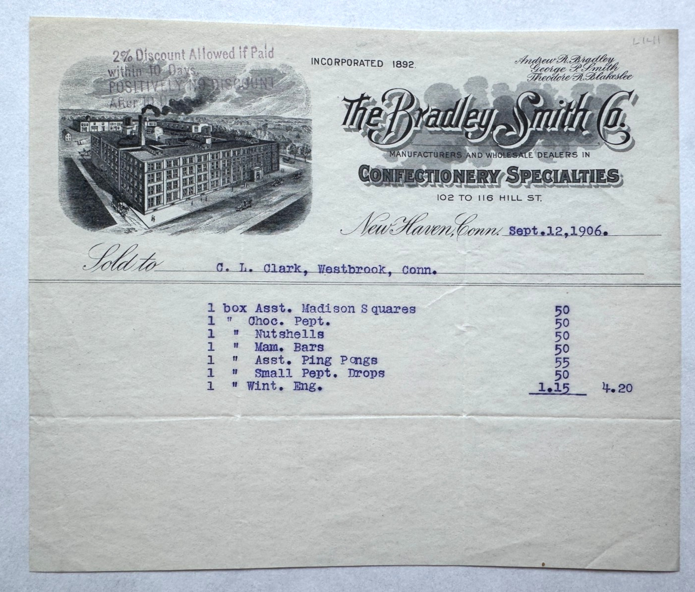 Vintage 1906 Billhead New Haven CT Bradley Smith Confectionery 102 Hill Street Vintage 1906 Billhead New Haven CT Bradley Smith Confectionery 102 Hill Street