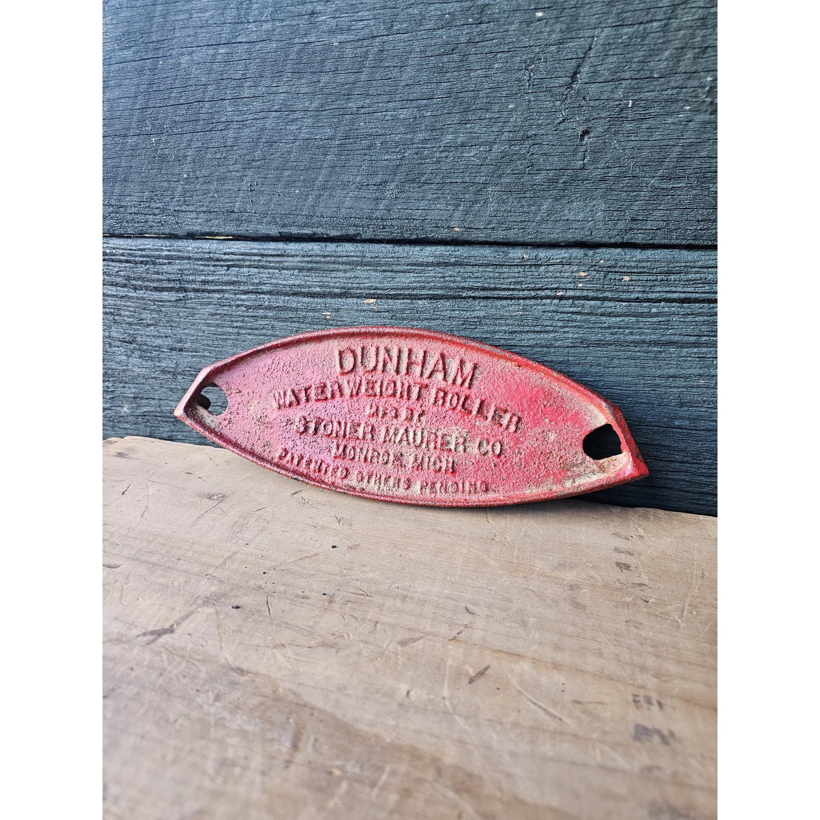 Antique Dunham Water Weight Roller Name Plate, Rustic Red Patina