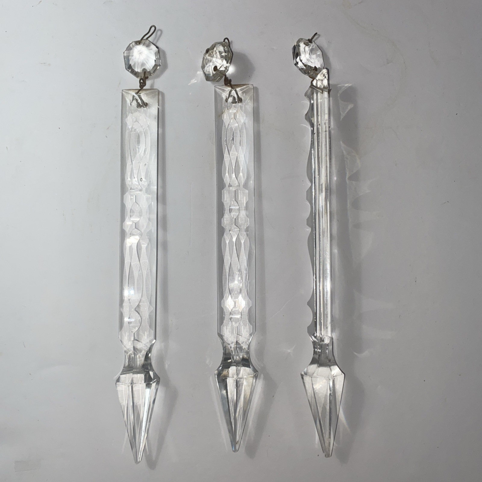 3 XL 8” Antique Glass Prism Cut Crystal Flat Backed Chandelier Replacement Spear 3 XL 8” Antique Glass Prism Cut Crystal Flat Backed Chandelier Replacement Spear