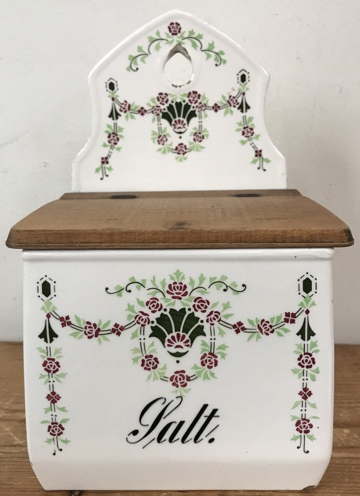 Vtg Antique Danish Salt Wall Hanging Ceramic Wood Floral Bin Kitchen Container Vtg Antique Danish Salt Wall Hanging Ceramic Wood Floral Bin Kitchen Container
