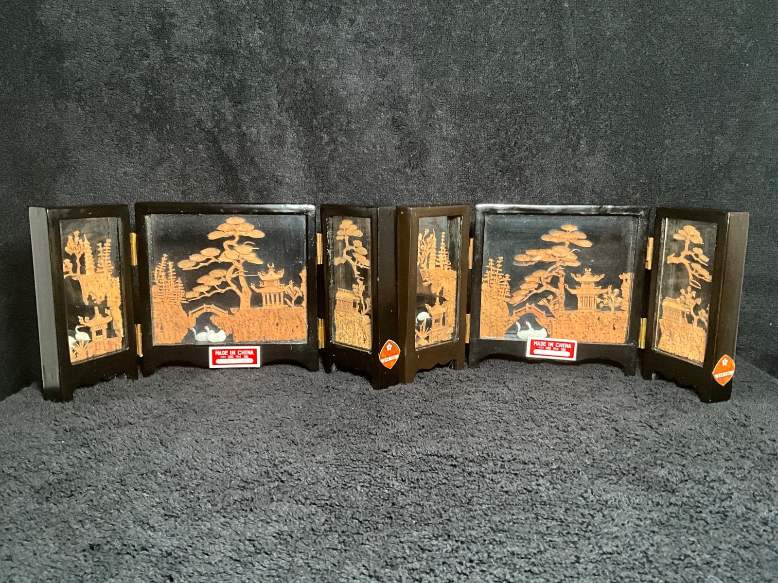 2x-VTG SAN YOU Tri-Fold Oriental Hand Carved Cork Pagoda Diorama w Cranes 2x-VTG SAN YOU Tri-Fold Oriental Hand Carved Cork Pagoda Diorama w Cranes