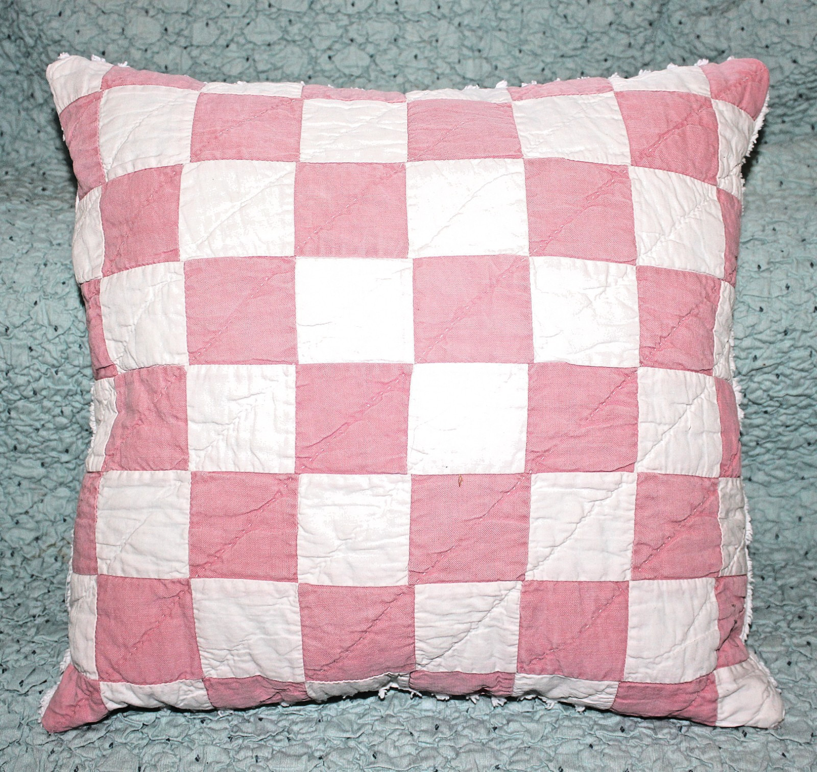 Throw Pillow From Vintage 1930's Handmade Pink White Check Quilt and Chenille Throw Pillow From Vintage 1930's Handmade Pink White Check Quilt and Chenille