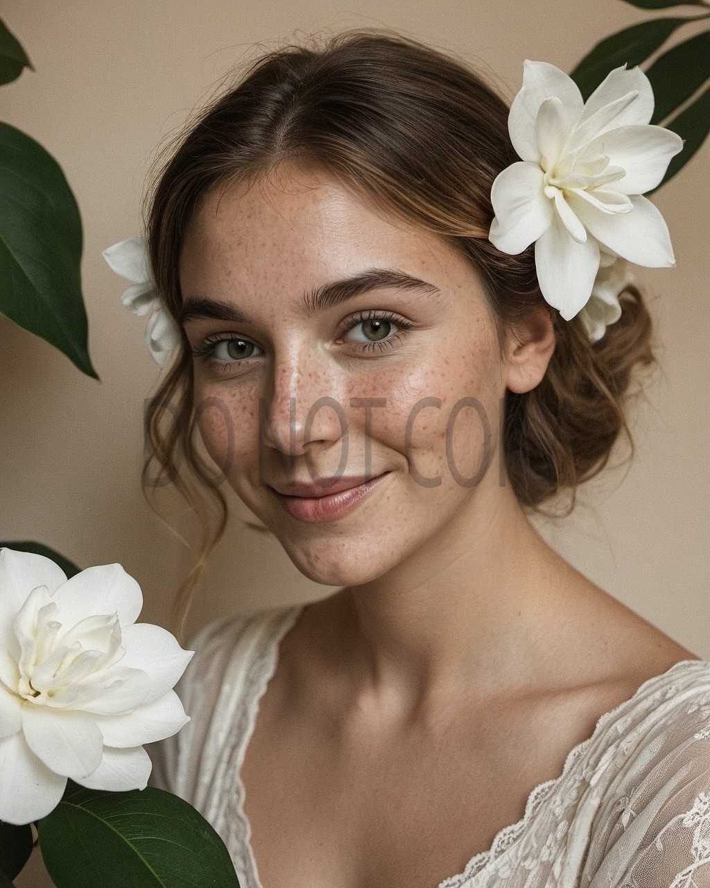 Freckled Brunette Woman White Gardenia Flowers Soft Art Print Freckled Brunette Woman White Gardenia Flowers Soft Art Print