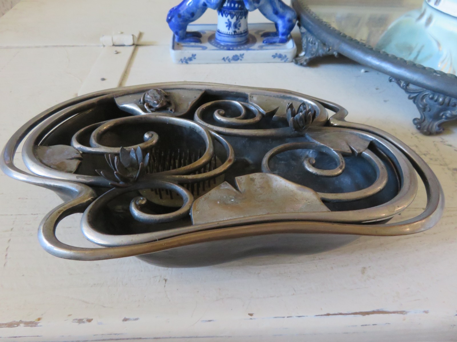 Antique Metal Japanese Floral Frog w metal Frog on a Lily Pad Signed on Bottom Antique Metal Japanese Floral Frog w metal Frog on a Lily Pad Signed on Bottom